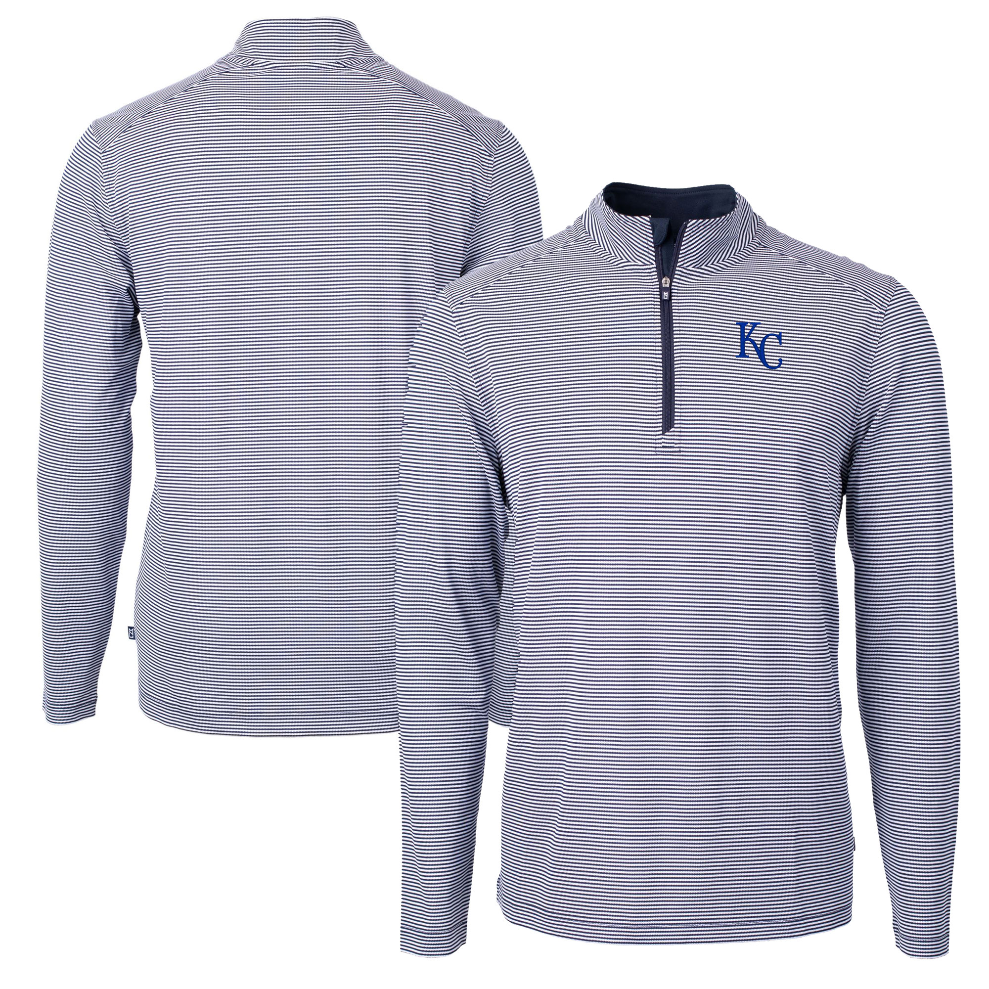 Men's Cutter & Buck Navy/White Kansas City Royals Virtue Eco Pique Micro Stripe Recycled Quarter-Zip Pullover Top