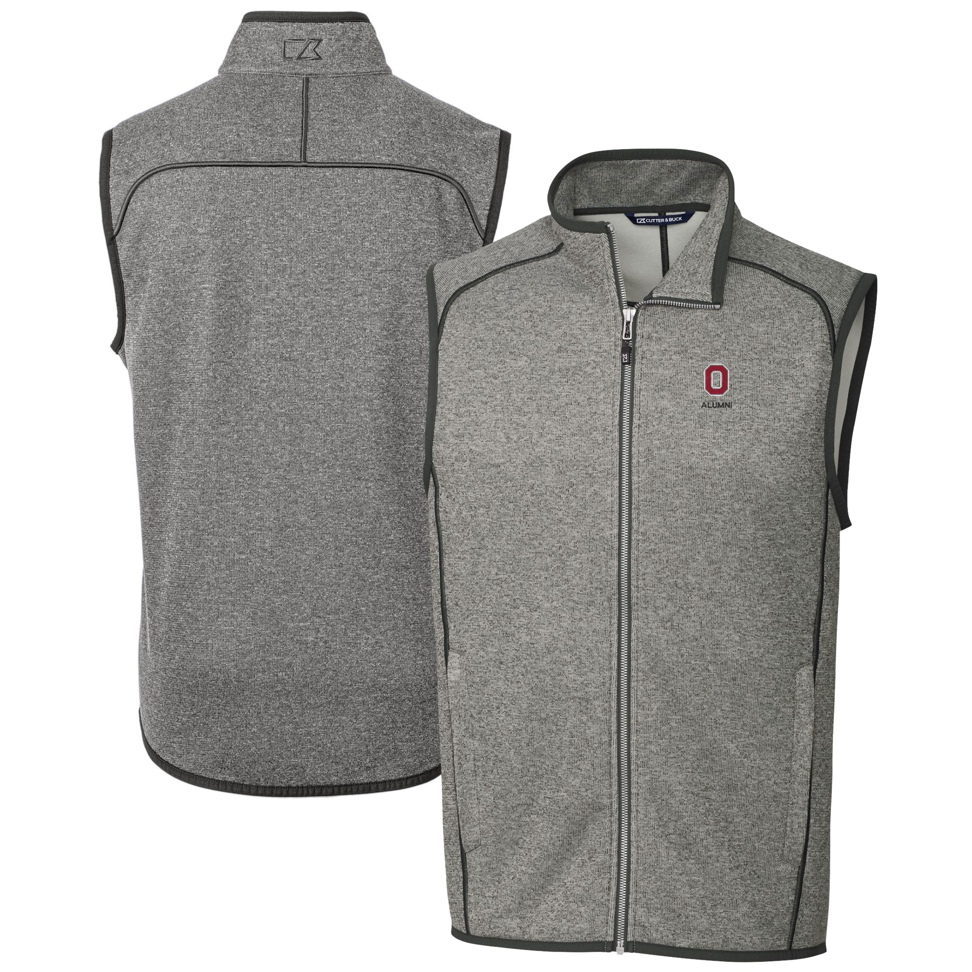 Men's Cutter & Buck Heather Gray Ohio State Buckeyes Alumni Logo Mainsail Sweater Knit Fleece Full-Zip Vest