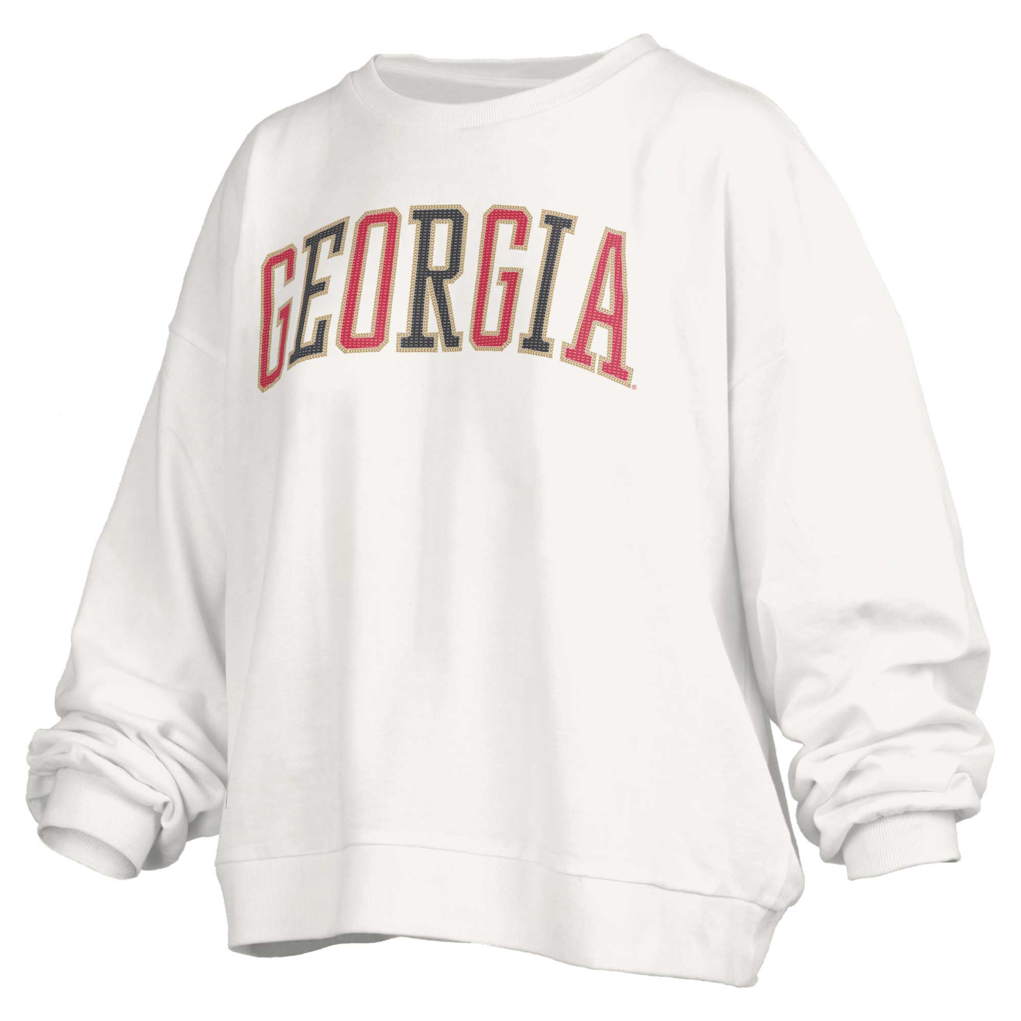 Women's Pressbox White Georgia Bulldogs Janise Sequin Waist Length Oversized Pullover Sweatshirt