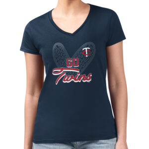 Women's G-III 4Her by Carl Banks Navy Minnesota Twins Leopard Heart Fitted V-Neck T-Shirt