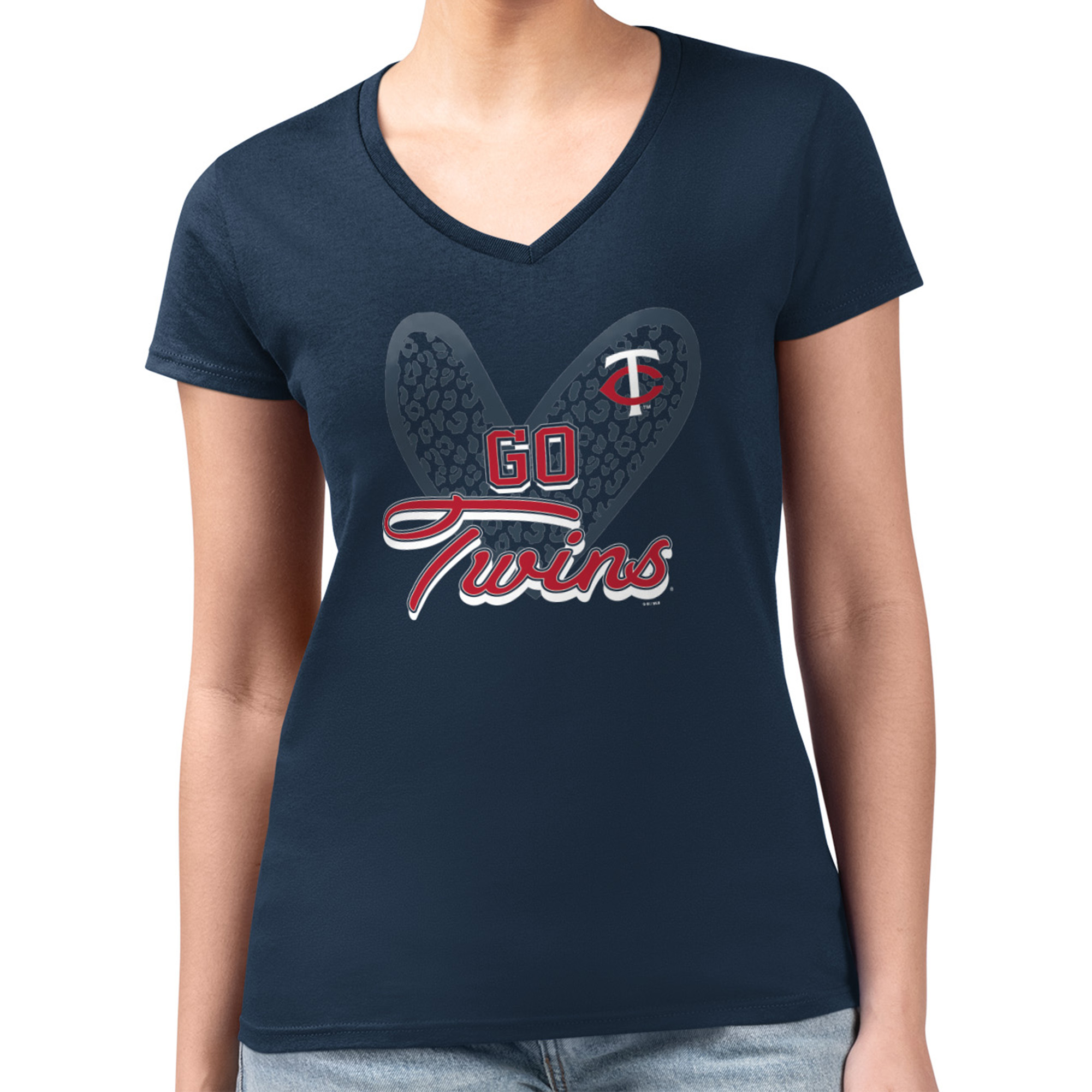 Women's G-III 4Her by Carl Banks Navy Minnesota Twins Leopard Heart Fitted V-Neck T-Shirt