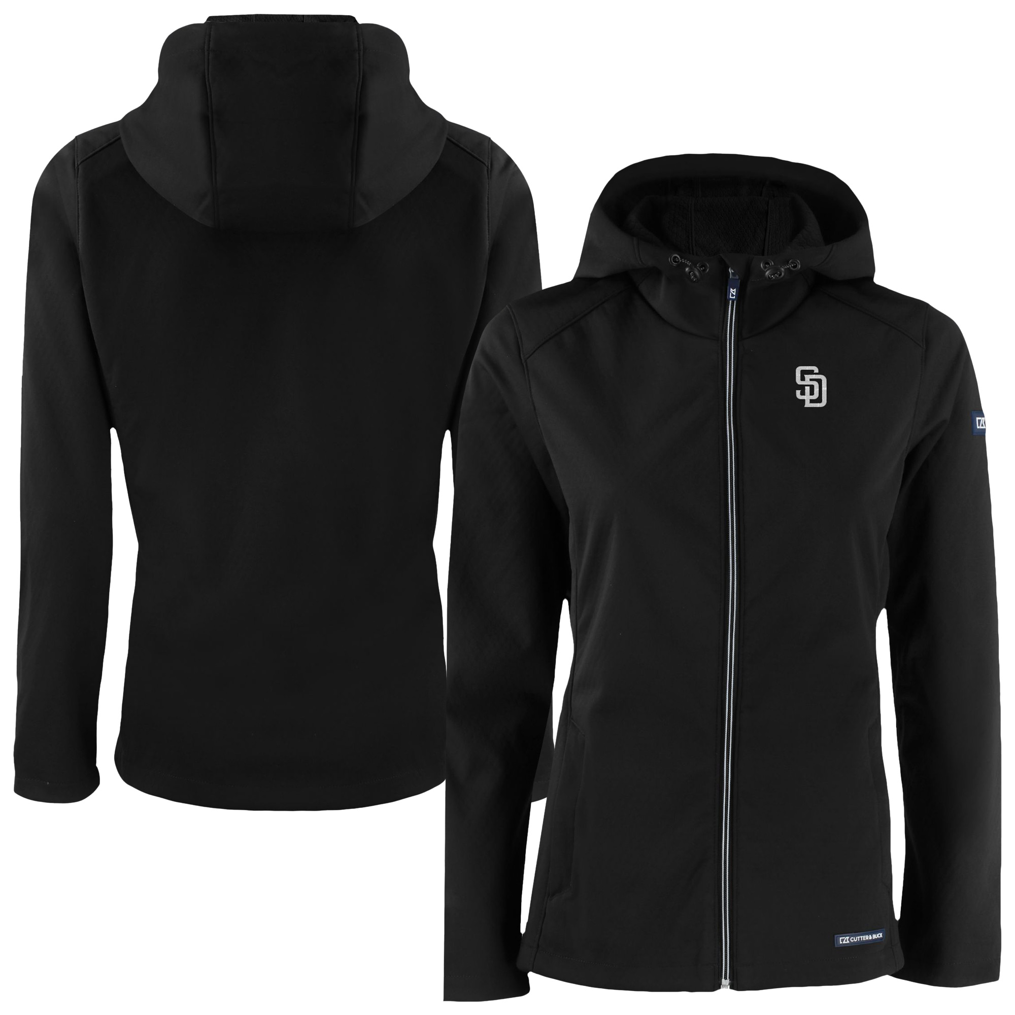 Women's Cutter & Buck Black San Diego Padres Evoke Eco Softshell Recycled Full-Zip Hoodie Jacket