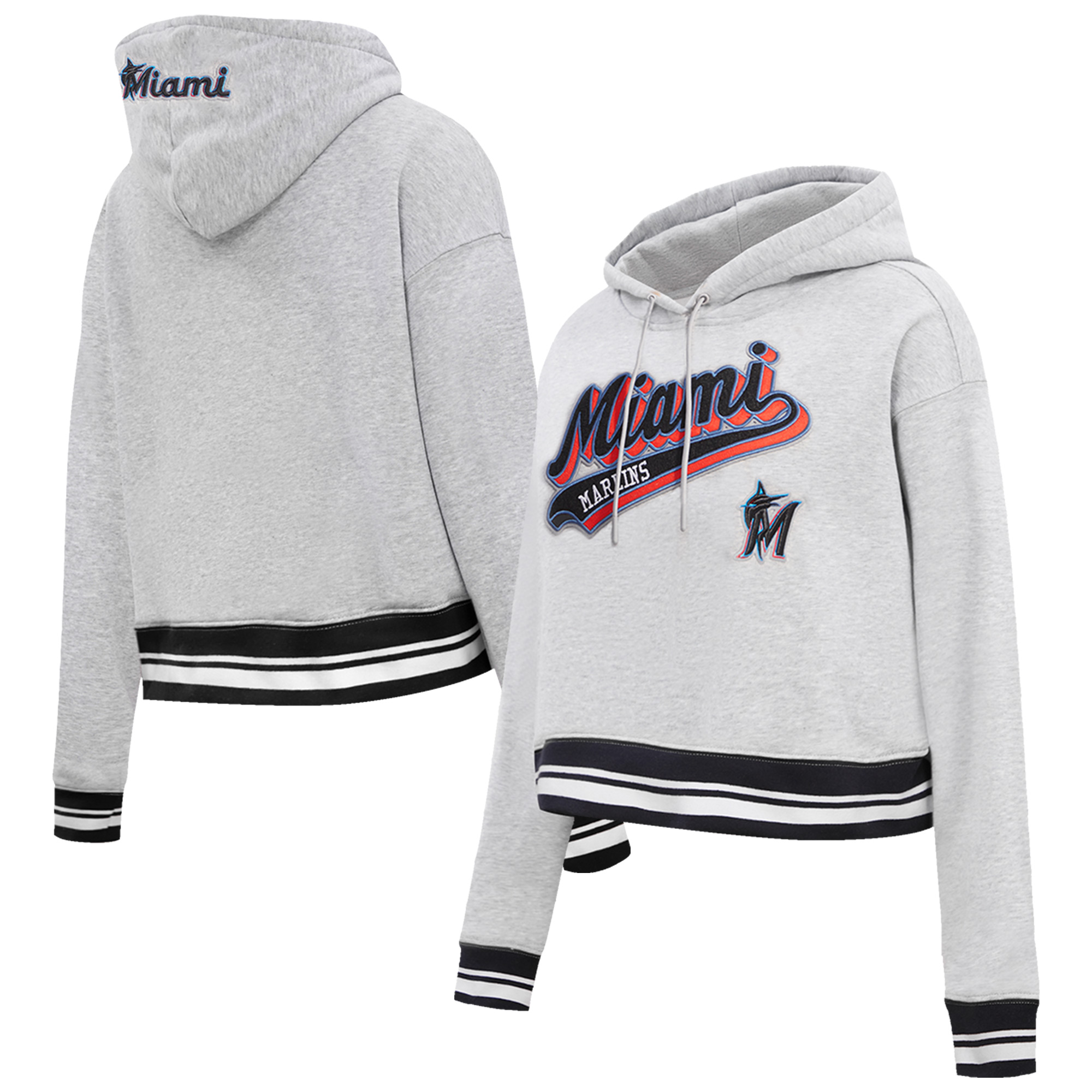 Women's Pro Standard Heather Gray Miami Marlins Script Tail Cropped Pullover Hoodie