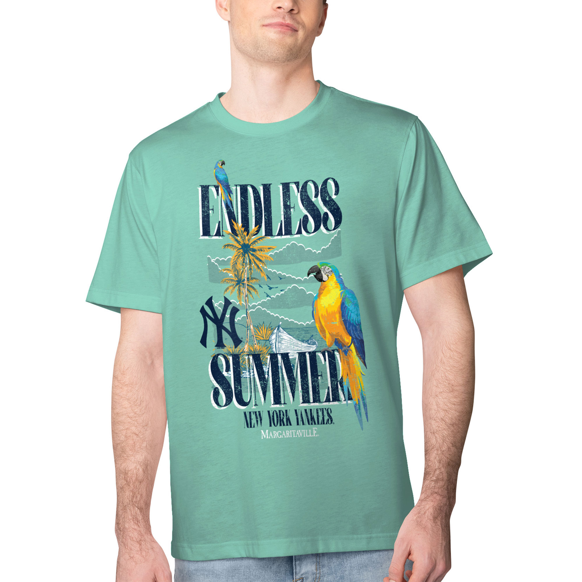 Men's Margaritaville Mint New York Yankees Endless Summer Parrot Graphic T-Shirt