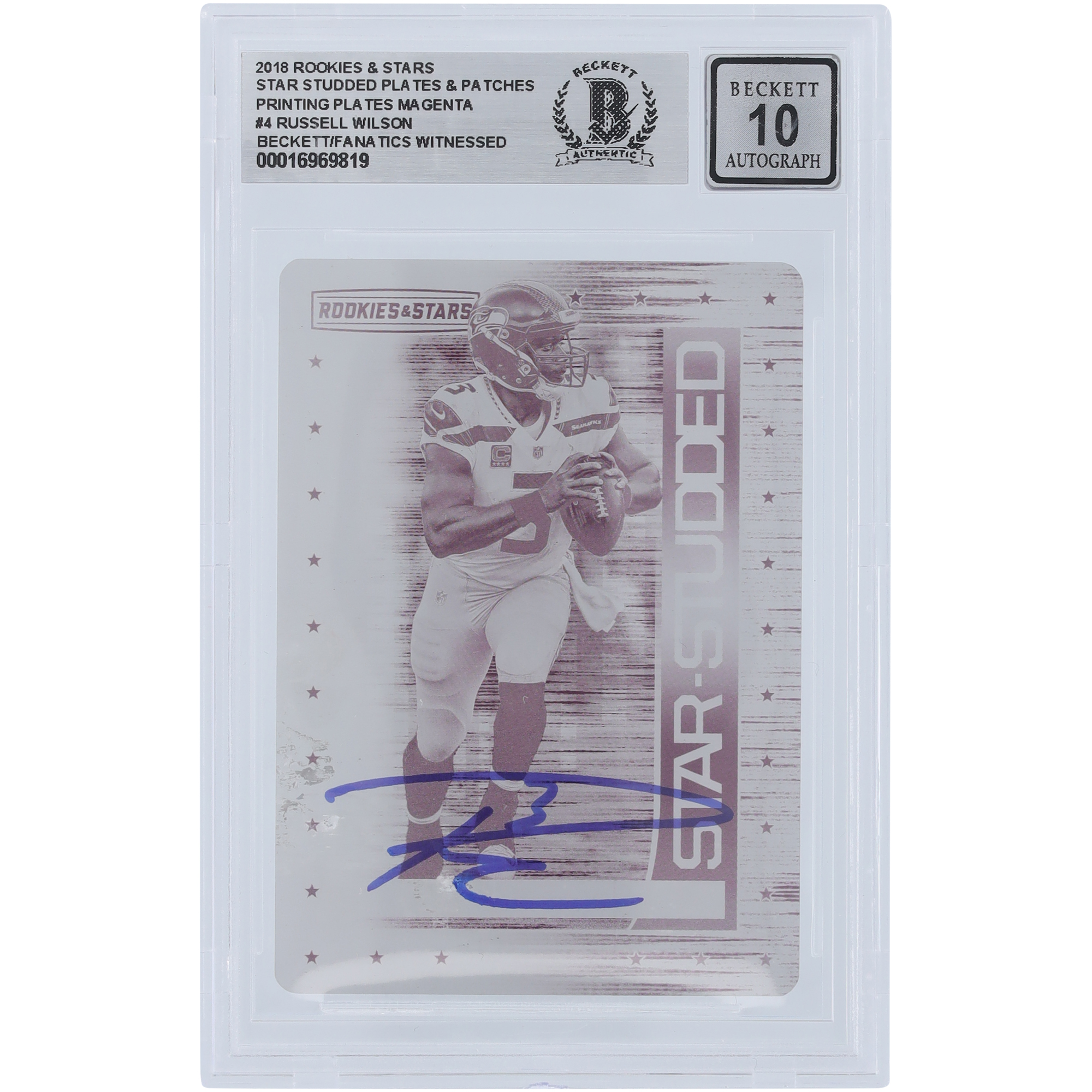Russell Wilson Seattle Seahawks Autographed 2018 Panini Rookies & Stars Star-Studded Plates & Patches Magenta Printing Plate #4 #1/1 Beckett Fanatics Witnessed Authenticated 10 Card