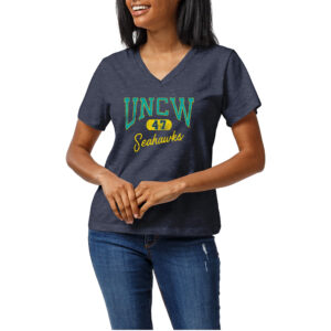 Women's Heather Navy UNC Wilmington Seahawks Intramural Tri-Blend Boyfriend V-Neck T-Shirt