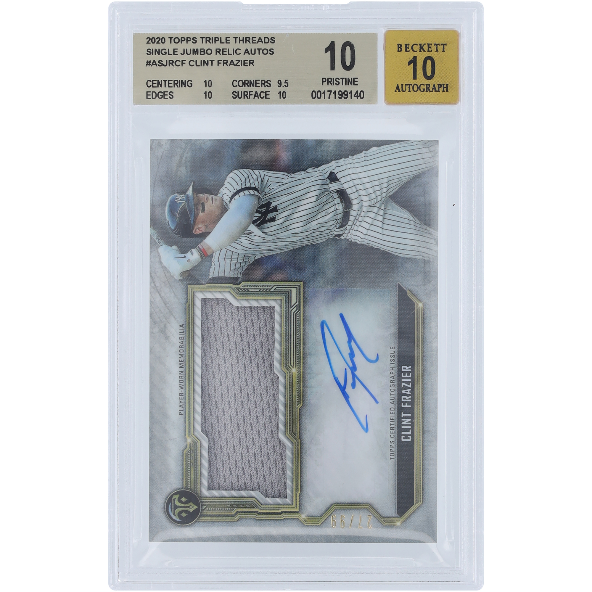 Clint Frazier New York Yankees Autographed 2020 Topps Triple Threads Jumbo Relic #ASJR-CF #27/99 BGS Authenticated 10/10 Card - 10,9.5,10,10 Subgrades