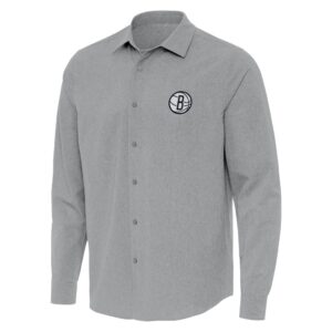 Men's Antigua Gray Brooklyn Nets Exposure Woven Long Sleeve Button-Up Shirt
