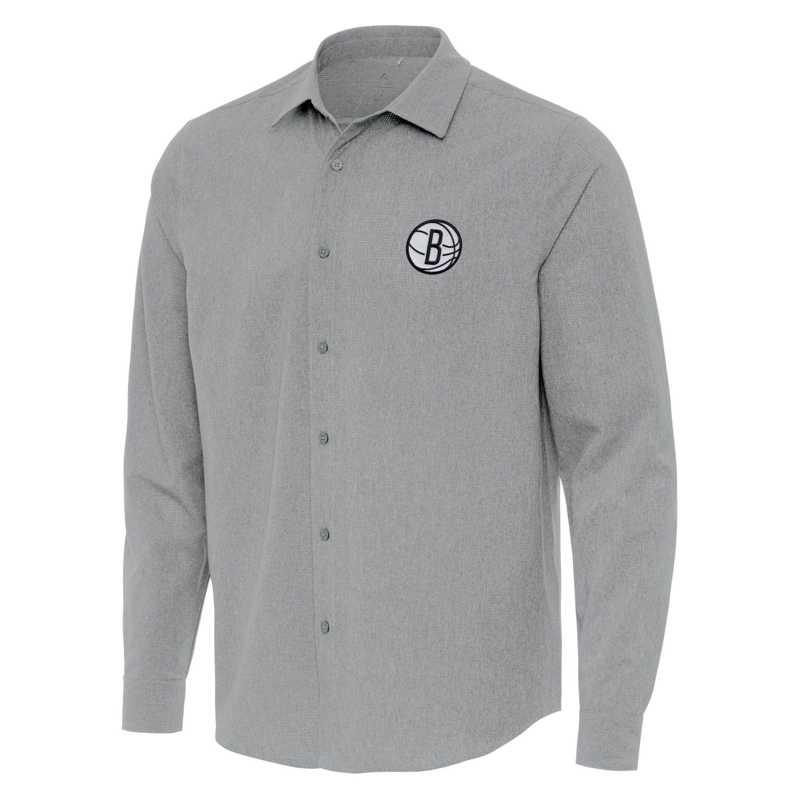Men's Antigua Gray Brooklyn Nets Exposure Woven Long Sleeve Button-Up Shirt