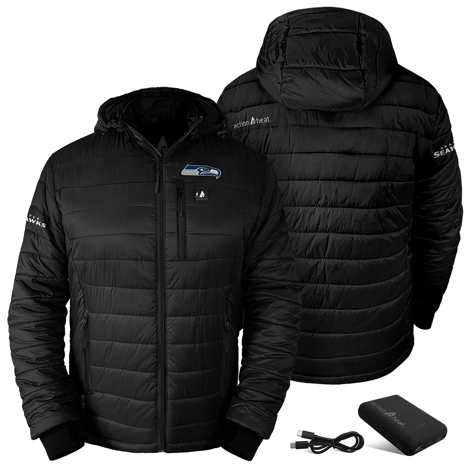Men's ActionHeat Black Seattle Seahawks 5V Battery Charged Insulated Puffer Full-Zip Jacket