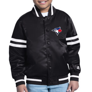 Youth Starter Black Toronto Blue Jays Printed Shield Team Logo Satin Varsity Full-Snap Jacket