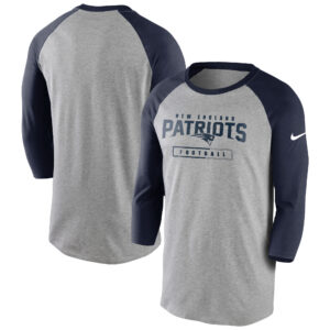 Men's Nike Heathered Gray/Navy New England Patriots Fan Gear Tri-Blend Wordmark 3/4 Sleeve T-Shirt