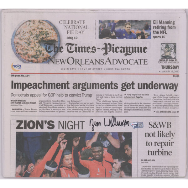 Zion Williamson New Orleans Pelicans Autographed The Times-Picayune Newspaper From Day After Debut 1/23/20