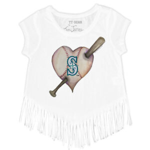 Girls Youth Tiny Turnip White Seattle Mariners Heart Bat Fringe T-Shirt