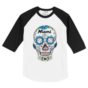 Toddler Tiny Turnip White/Black Miami Marlins Sugar Skull Raglan 3/4 Sleeve T-Shirt