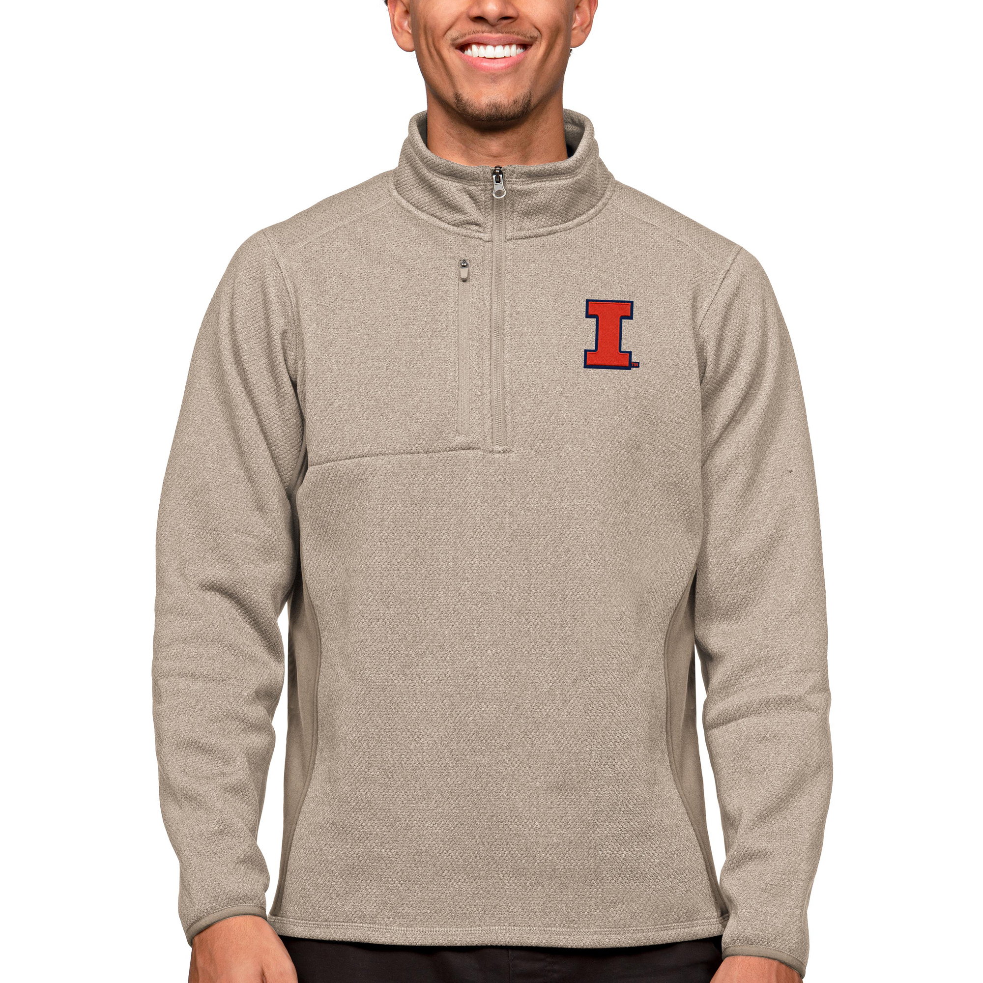 Men's Antigua Oatmeal Illinois Fighting Illini Course Quarter-Zip Pullover Top