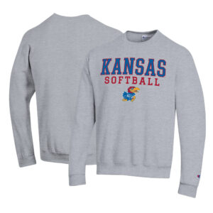 Men's Champion Gray Kansas Jayhawks Primary Team Logo Stack Logo Softball Powerblend Pullover Sweatshirt