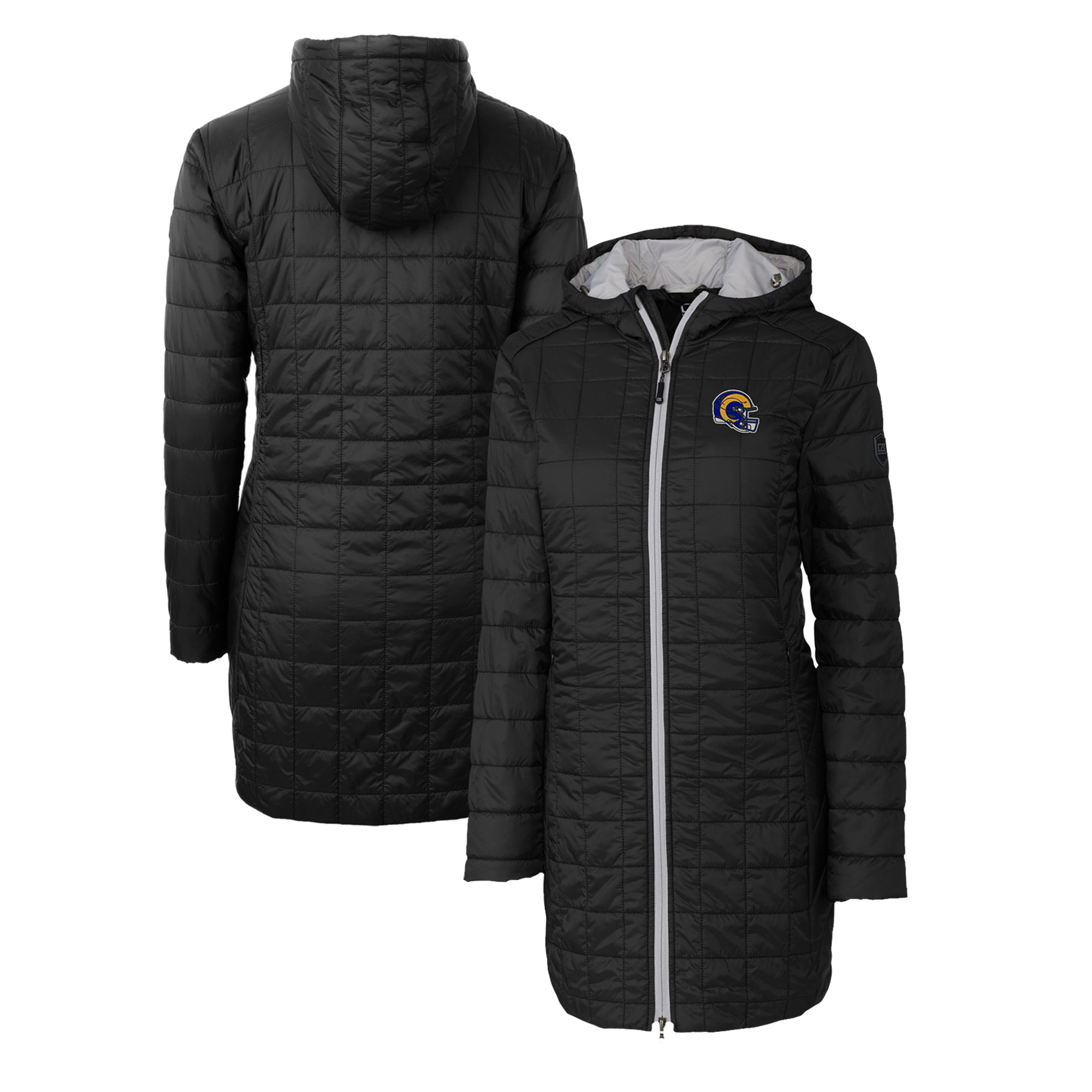 Women's Cutter & Buck Black Los Angeles Rams Helmet Logo Rainier Primaloft Eco Insulated Hooded Long Coat