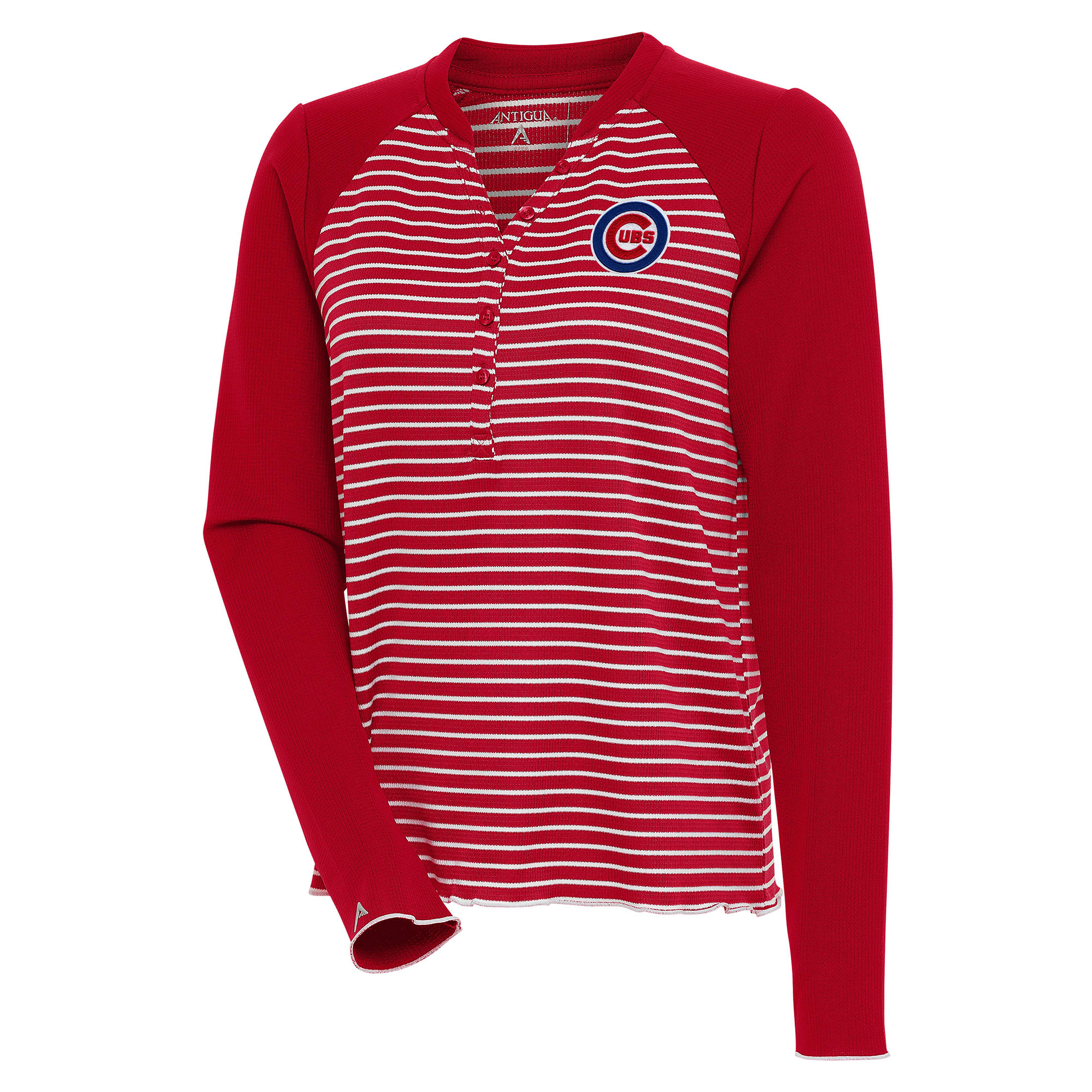 Women's Antigua Red/White Chicago Cubs Maverick Henley Long Sleeve T-Shirt