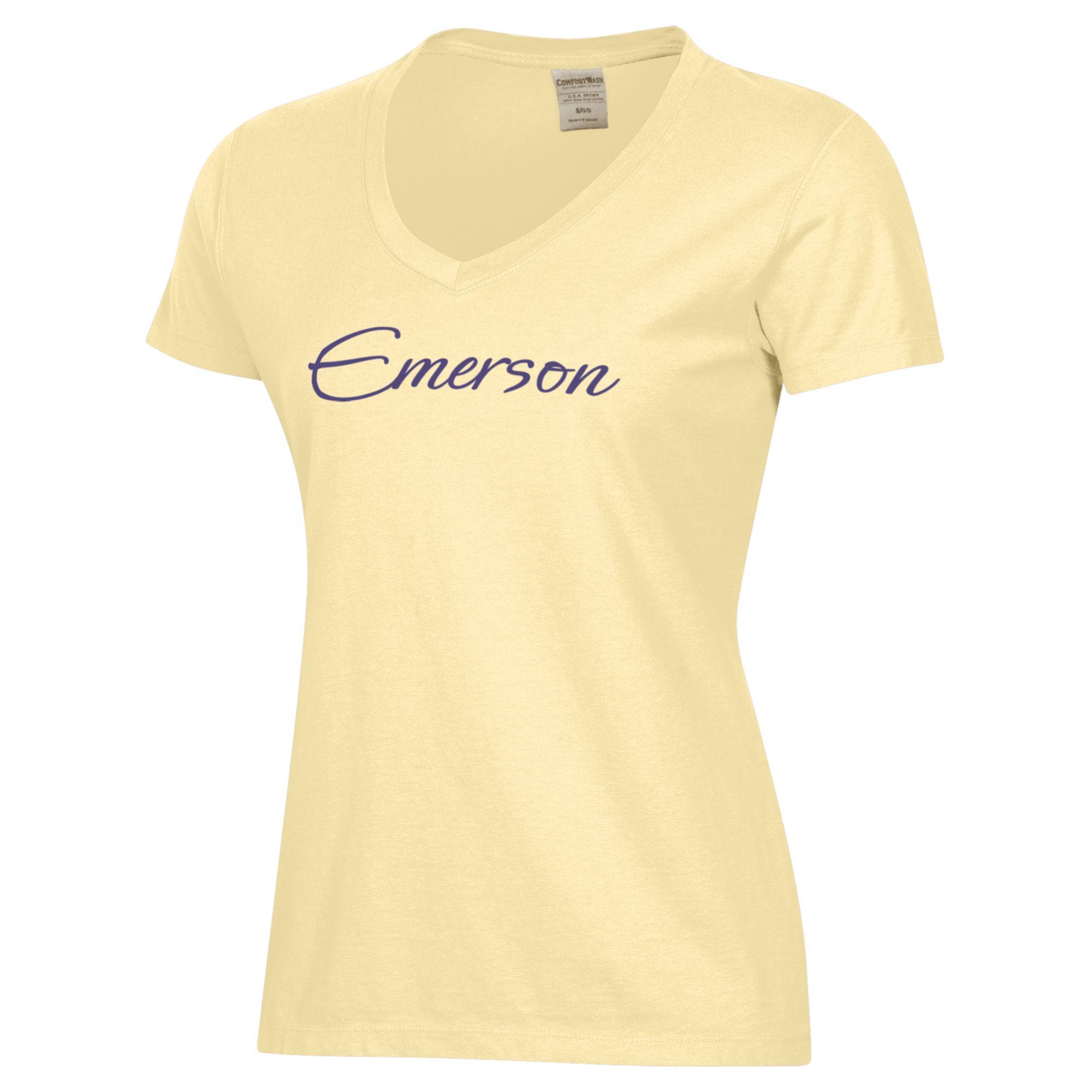 Women's Yellow Emerson College Lions Script Logo Comfort Wash V-Neck T-Shirt - Image 3