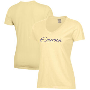 Women's  Yellow Emerson College Lions Script Logo Comfort Wash V-Neck T-Shirt