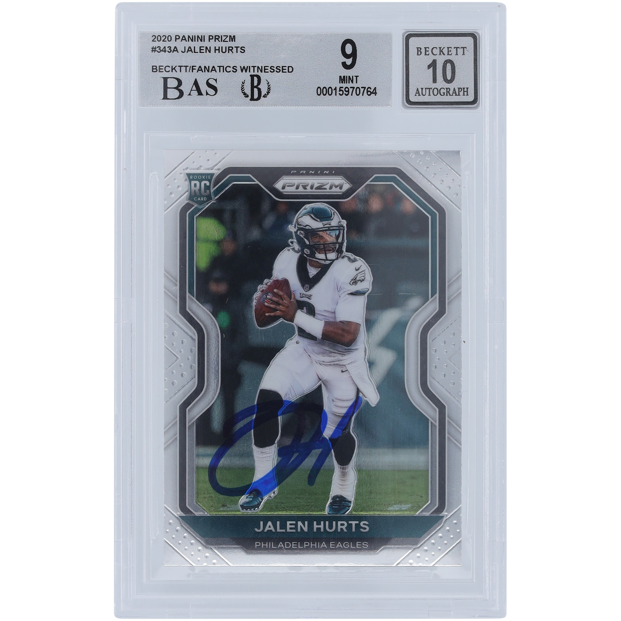 Jalen Hurts Philadelphia Eagles Autographed 2020 Panini Prizm #343 Beckett Fanatics Witnessed Authenticated 9/10 Rookie Card - 9,9,9,9.5 Subgrades