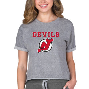 Women's Concepts Sport Heather Gray New Jersey Devils Tri-Blend Mainstream Terry Short Sleeve Sweatshirt Top