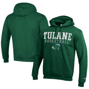 Men's Champion  Green Tulane Green Wave Stacked Logo Basketball Eco Powerblend Pullover Hoodie