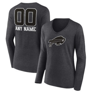 Women's Charcoal Buffalo Bills Monochrome Personalized Name & Number Long Sleeve V-Neck T-Shirt
