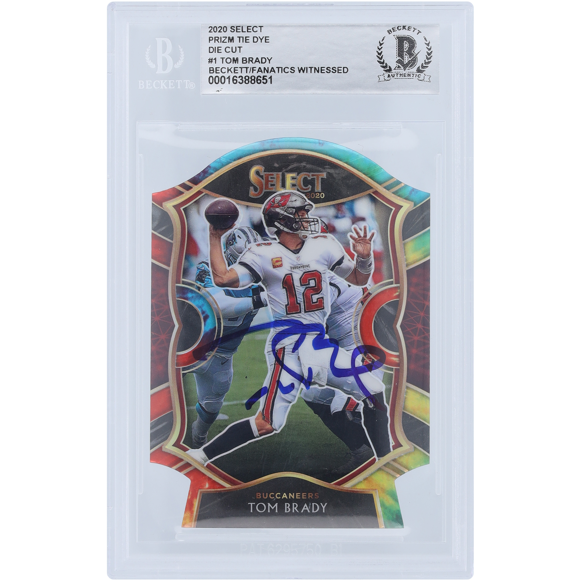 Tom Brady Tampa Bay Buccaneers Autographed 2020 Panini Select Tie Dye Prizm Die Cut #1 #14/25 Beckett Fanatics Witnessed Authenticated Card