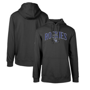 Men's Levelwear Black Colorado Rockies Cooperstown Collection Podium Retro Spellout Pullover Hoodie