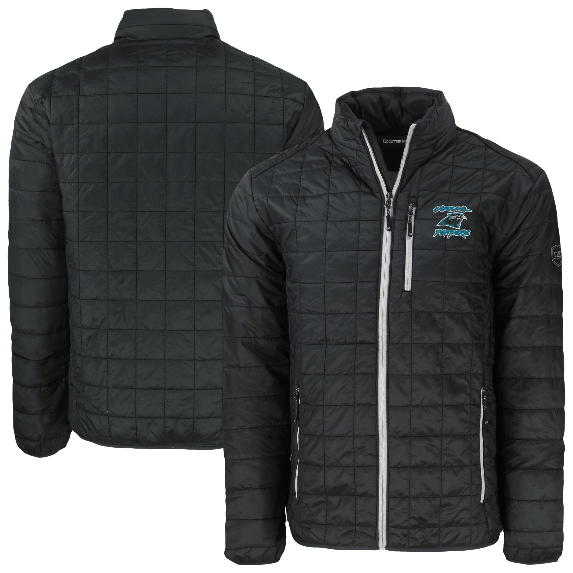 Men's Cutter & Buck Black Carolina Panthers Rainier PrimaLoft Eco Insulated Full-Zip Puffer Jacket