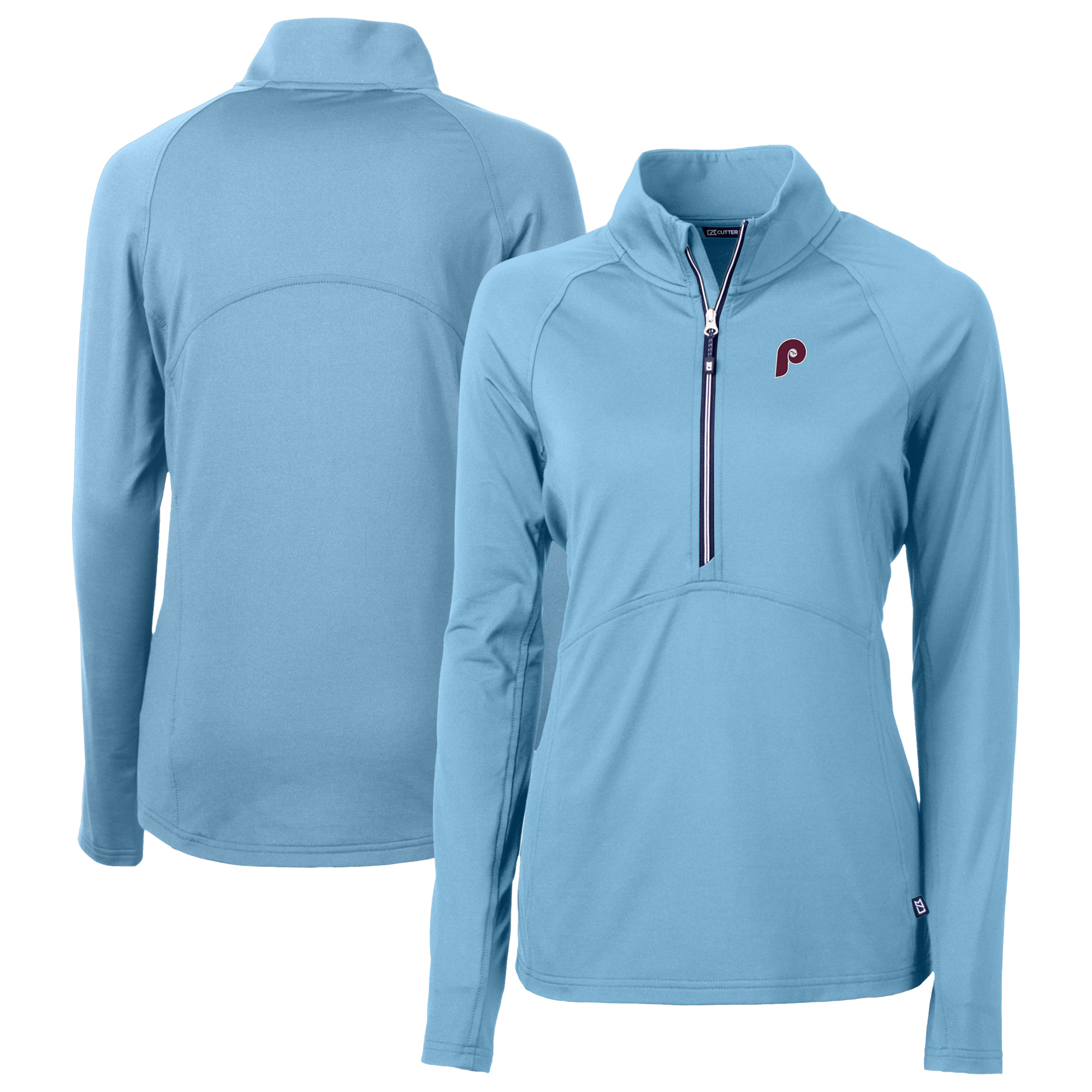 Women's Cutter & Buck Powder Blue Philadelphia Phillies Cooperstown Collection DryTec Adapt Eco Knit Stretch Recycled Raglan Half-Zip Top - Image 5