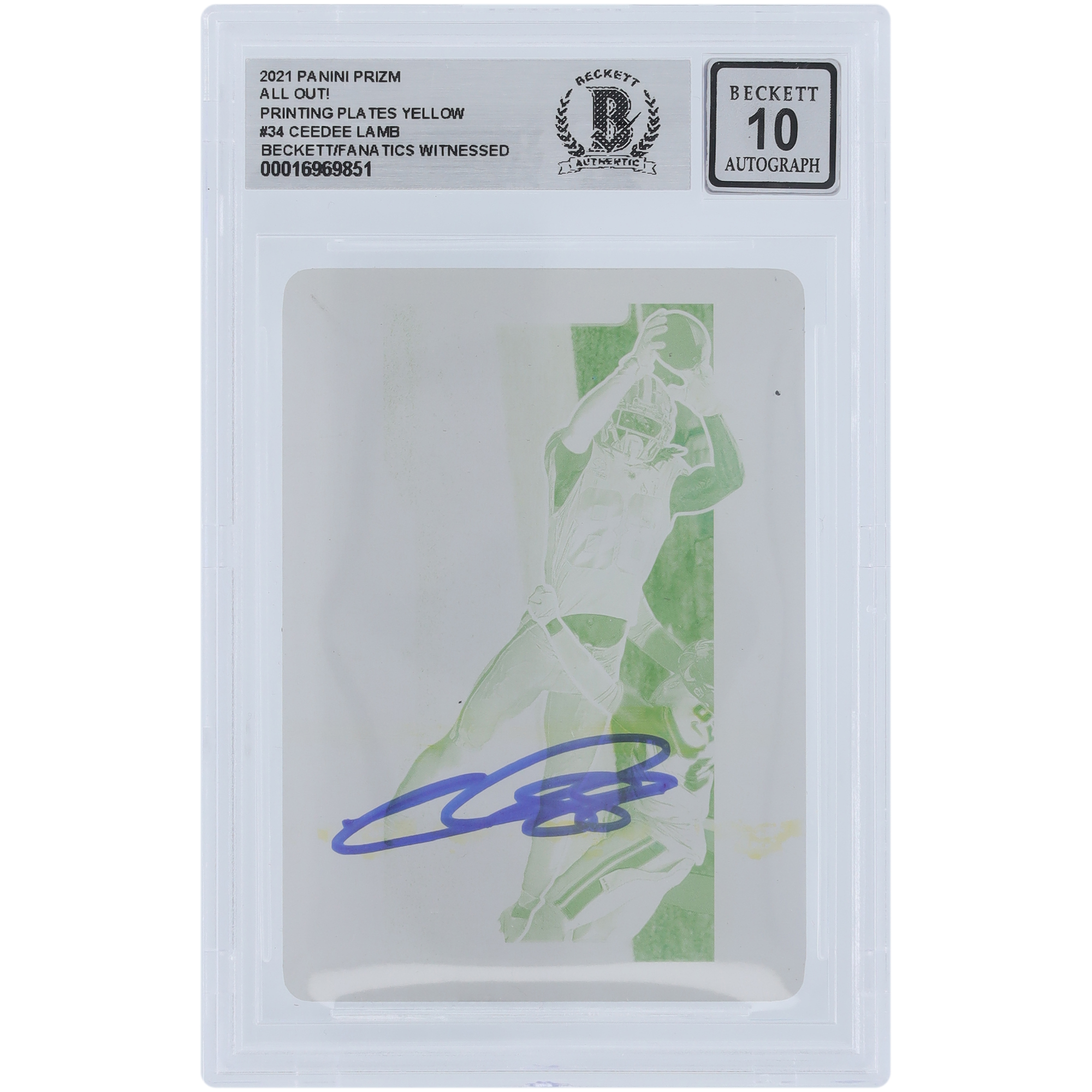 CeeDee Lamb Dallas Cowboys Autographed 2021 Panini Prizm All Out! Yellow Printing Plate #34 #1/1 Beckett Fanatics Witnessed Authenticated 10 Card