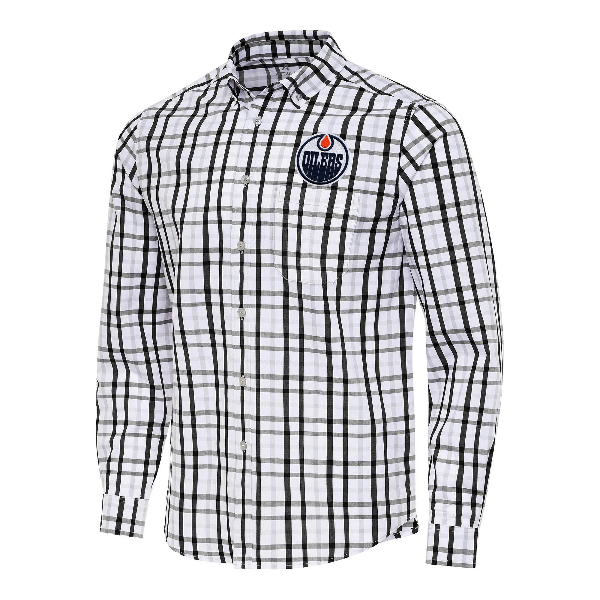 Men's Antigua Black/Gray Edmonton Oilers Tending 2 Button-Down Long Sleeve Shirt