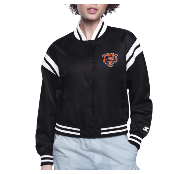 Women's Starter  Black Chicago Bears Round Team Logo Cropped Satin Varsity Full-Snap Jacket