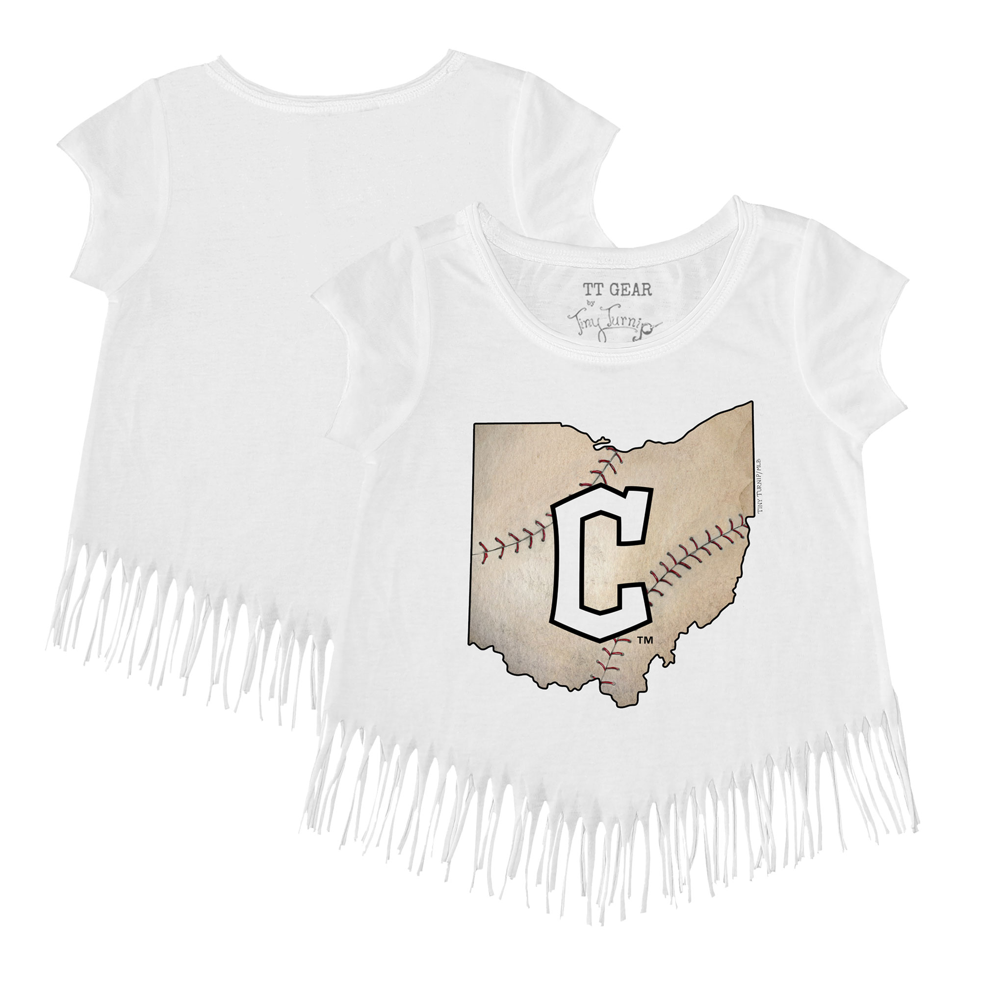 Girls Toddler Tiny Turnip White Cleveland Guardians State Outline Fringe T-Shirt