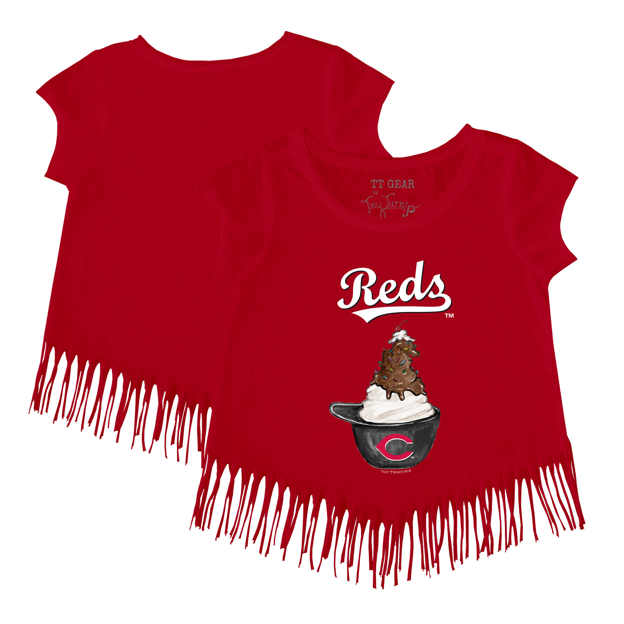 Girls Toddler Tiny Turnip Red Cincinnati Reds Sundae Helmet Fringe T-Shirt