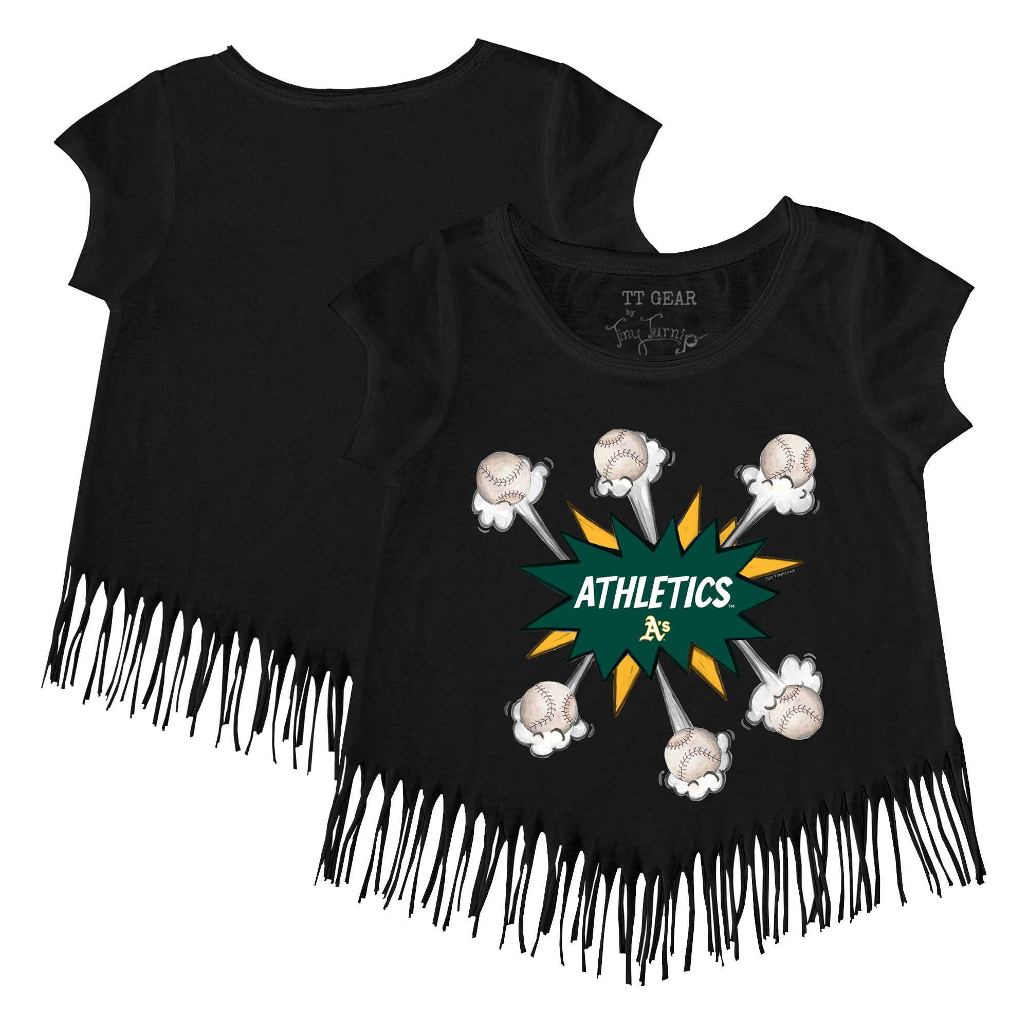 Girls Youth Tiny Turnip Black Athletics Baseball Pow Fringe T-Shirt