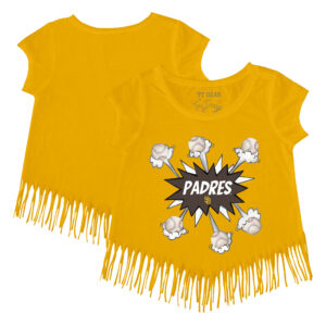 Girls Youth Tiny Turnip Gold San Diego Padres Baseball Pow Fringe T-Shirt