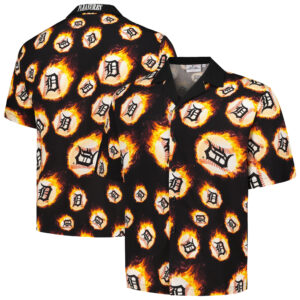 Men's PLEASURES  Black Detroit Tigers Flame Fireball Button-Up Shirt