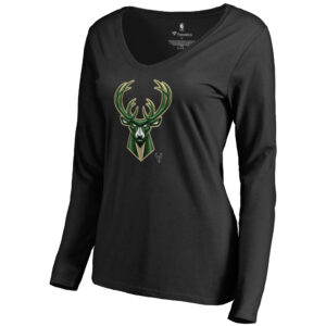 Women's Black Milwaukee Bucks Midnight Mascot Long Sleeve V-Neck T-Shirt