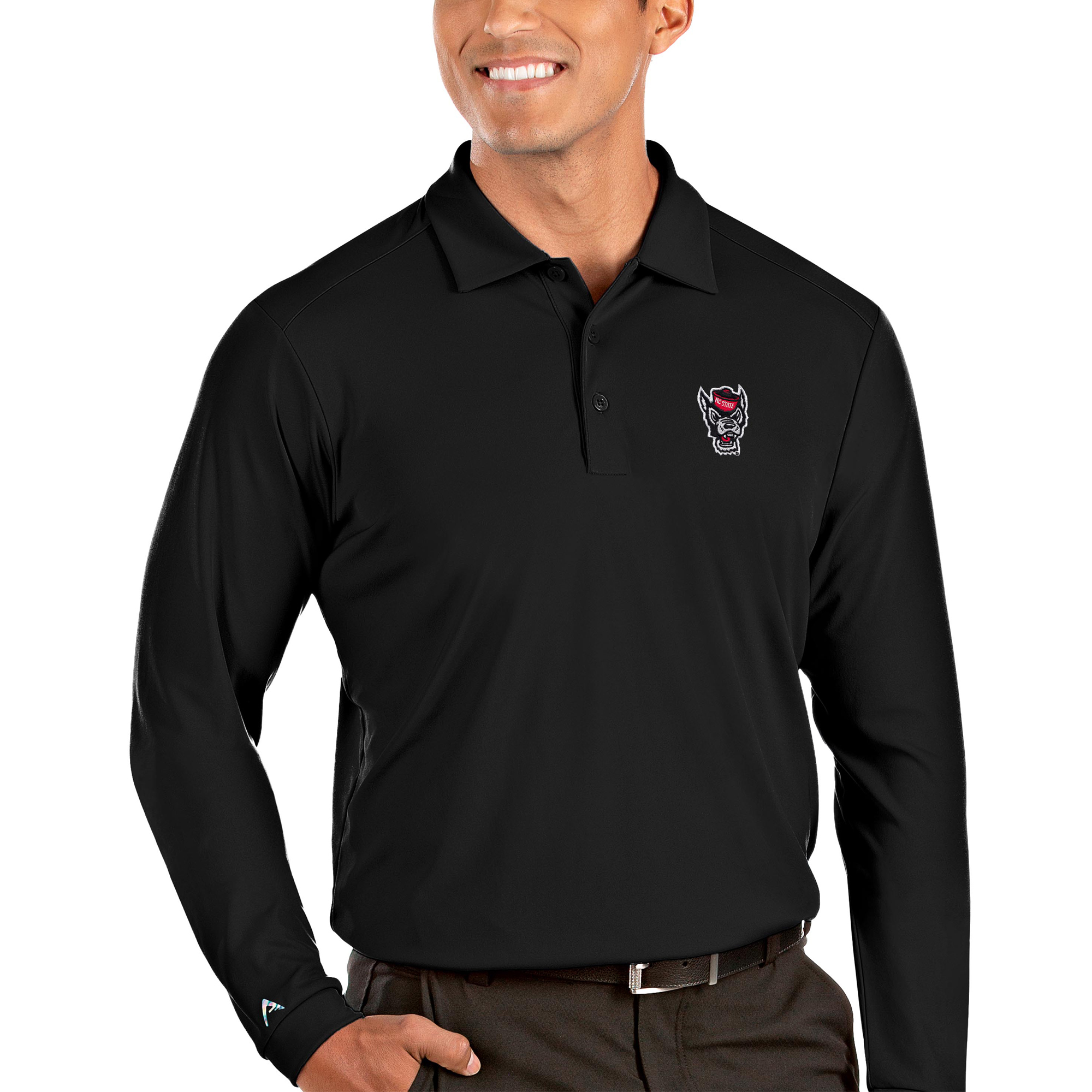 Men's Antigua Black NC State Wolfpack Tribute Long Sleeve Polo