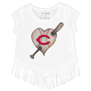 Girls Toddler Tiny Turnip White Cincinnati Reds Heart Bat Fringe T-Shirt