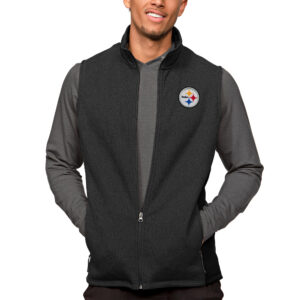 Men's Antigua Heathered Black Pittsburgh Steelers Course Full-Zip Vest