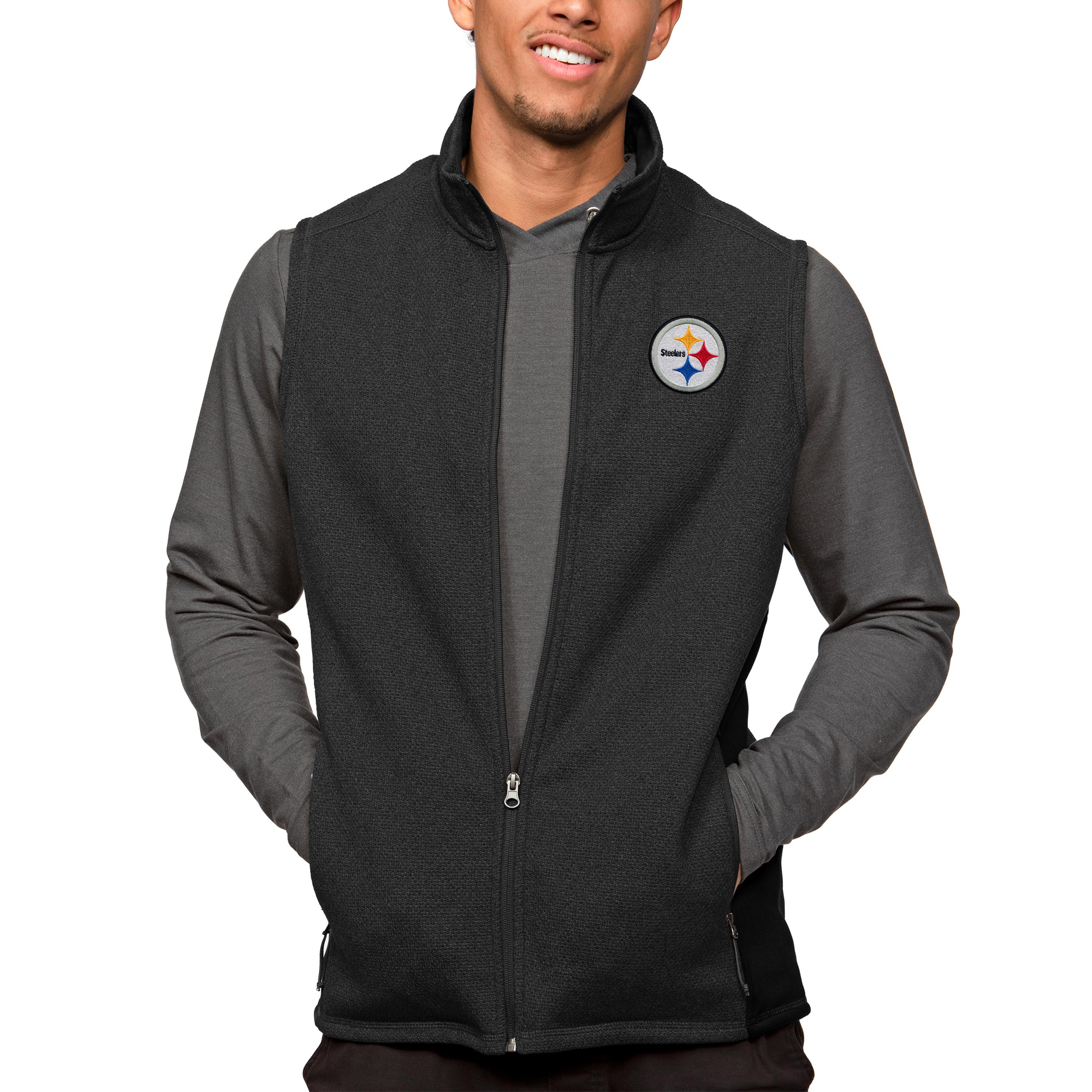 Men's Antigua Heathered Black Pittsburgh Steelers Course Full-Zip Vest