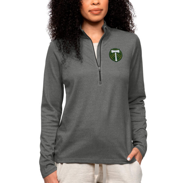Women's Antigua Heather Charcoal Portland Timbers Team Logo Epic Quarter-Zip Pullover Top