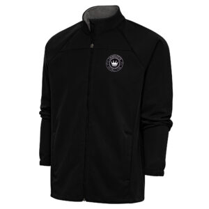Men's Antigua Black Charlotte FC Brushed Metallic Logo Links Full-Zip Golf Jacket