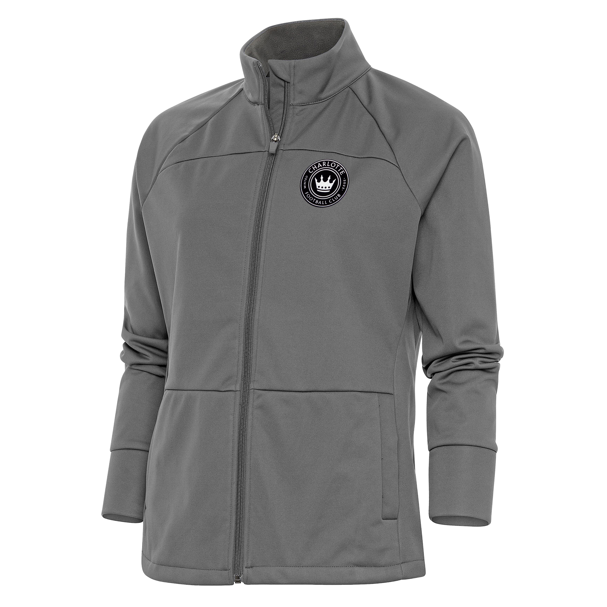 Women's Antigua Steel Charlotte FC Brushed Metallic Logo Links Full-Zip Golf Jacket