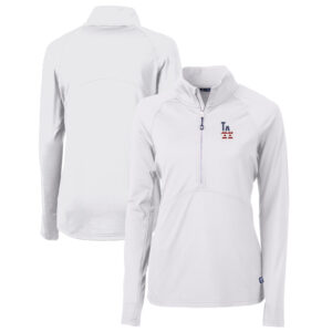 Women's Cutter & Buck White Los Angeles Dodgers Americana Logo Adapt Eco Knit Stretch Recycled Half-Zip Pullover Top